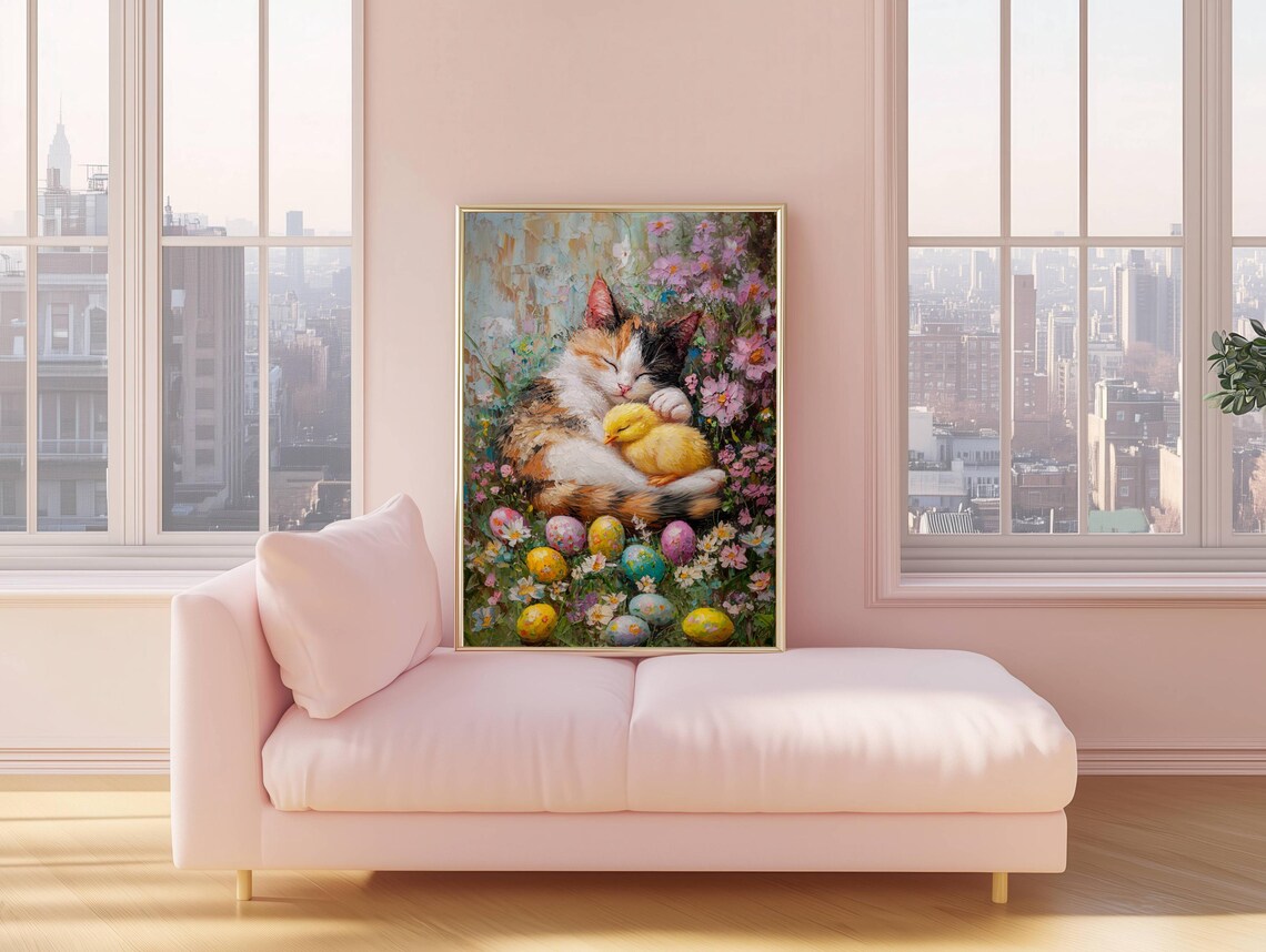 Sleepy Calico Cat Cuddling a Yellow Chick Among Painted Easter Eggs Poster - Image 4