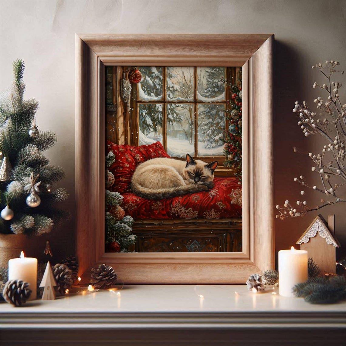 Siamese Cat Sleeping by a Snowy Christmas Window Cozy Holiday Poster - Image 4