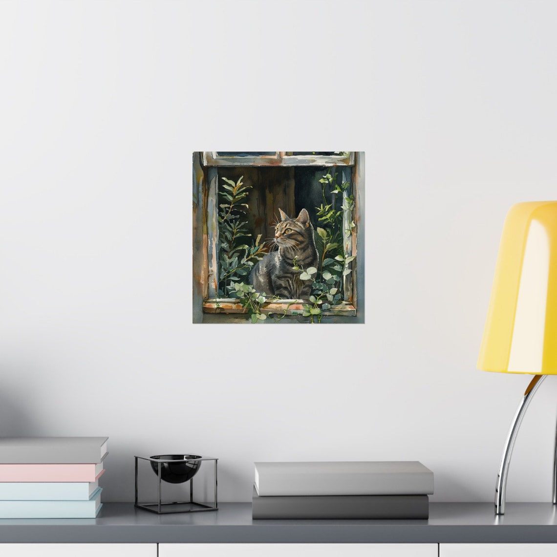Tabby Cat Sitting in a Rustic Window Among Lush Green Plants Poster - Image 7