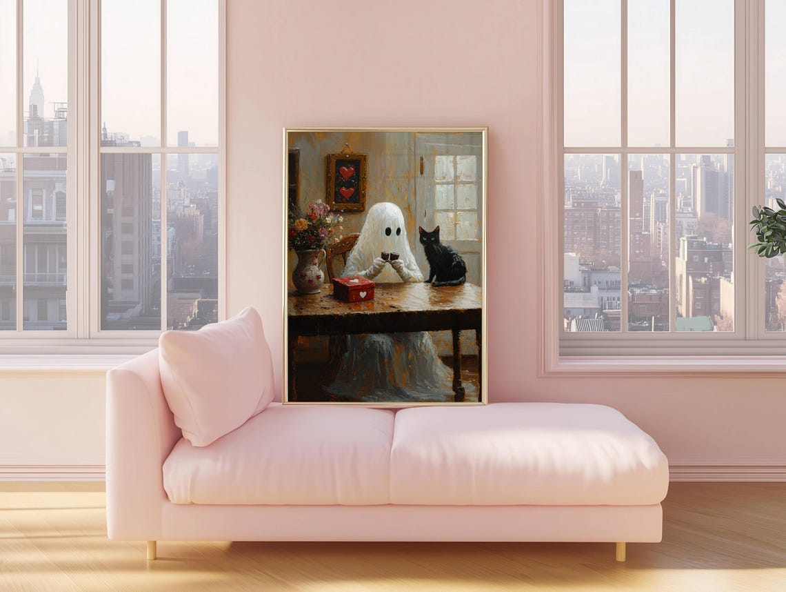 Ghost Sharing Valentine Chocolates with Black Cat Whimsical Poster - Image 6