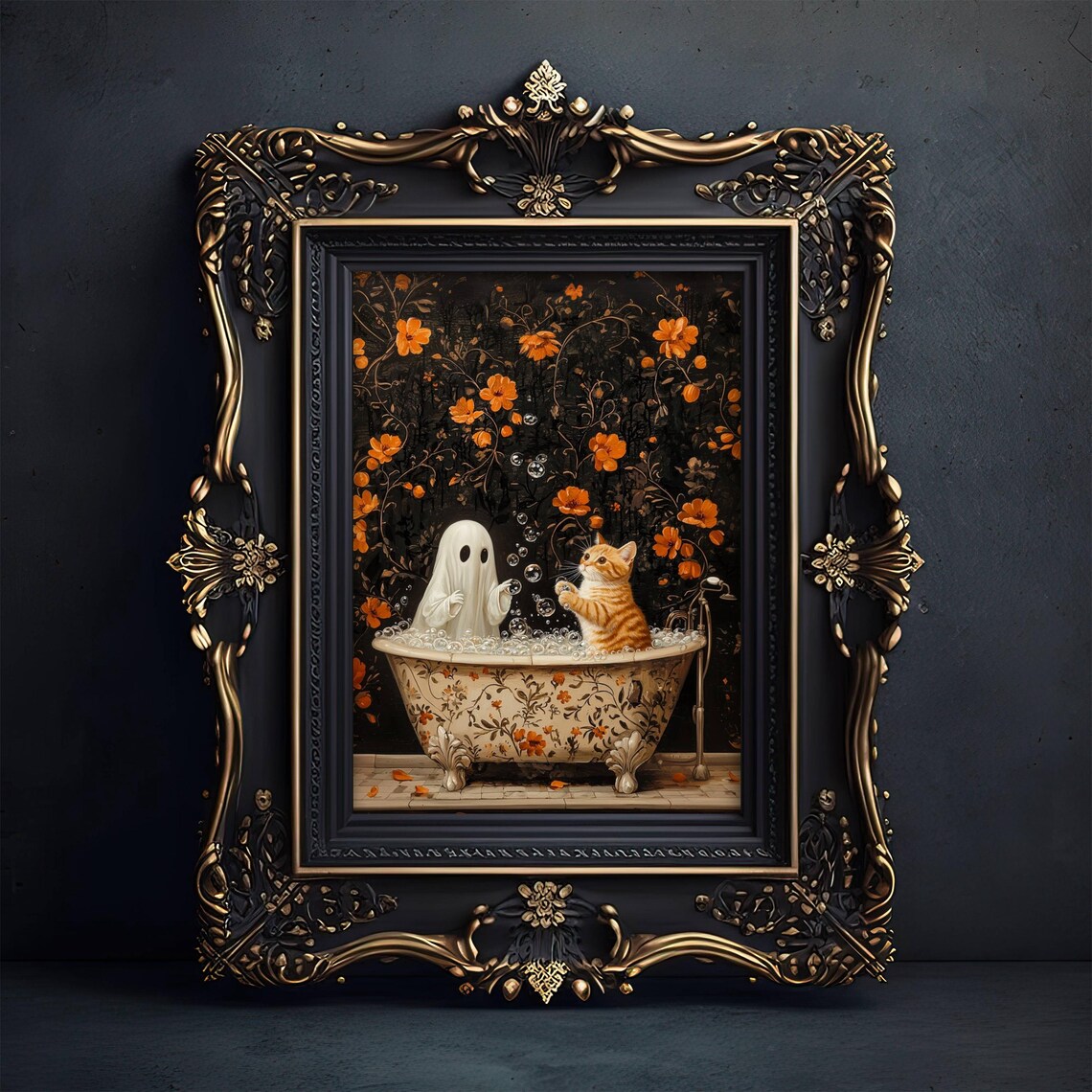 Cute Ghost and Orange Kitten Popping Bubbles Together in a Floral Bath Poster - Image 4