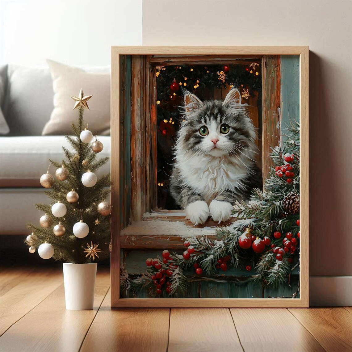 Tabby Cat Christmas Poster, Rustic Farmhouse Holiday - Image 5