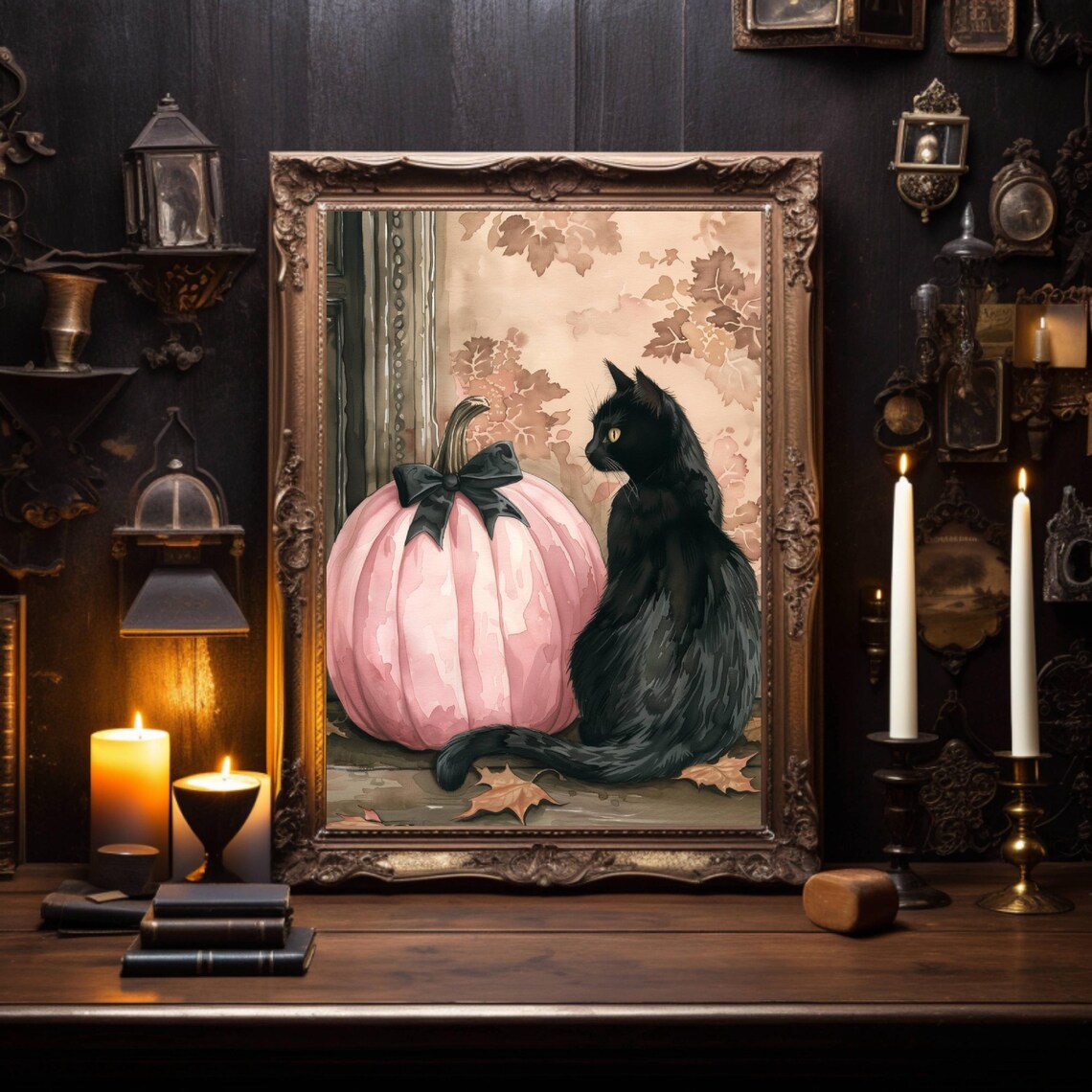Coquette Black Cat and Pink Pumpkin Whimsigoth Art Print - Image 4
