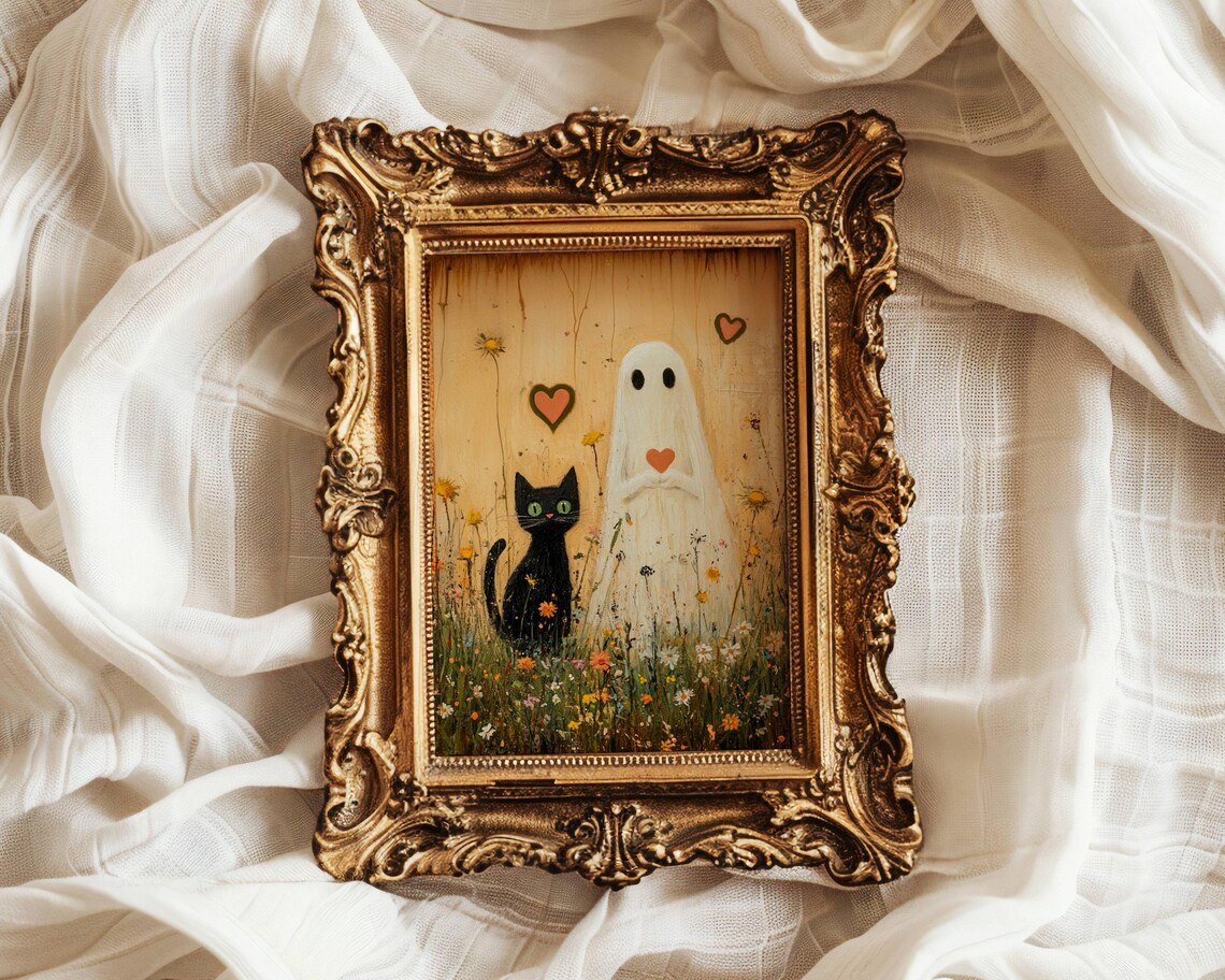 Gentle Ghost Holding a Heart Beside a Black Cat in a Golden Meadow Poster - Image 5