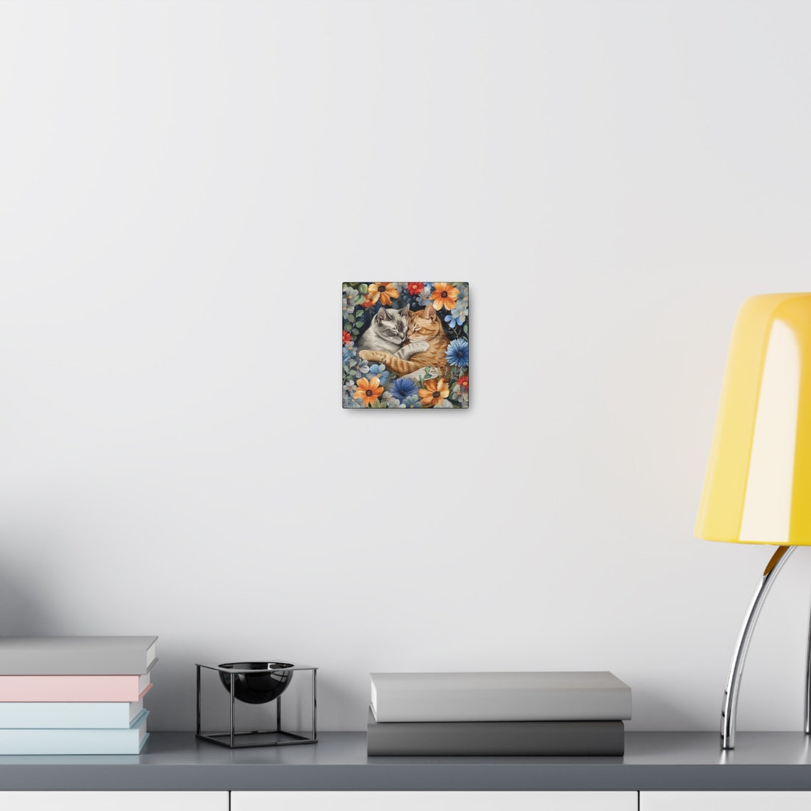 Two Cuddling Cats Surrounded by Blue and Orange Flowers Poster - Image 3