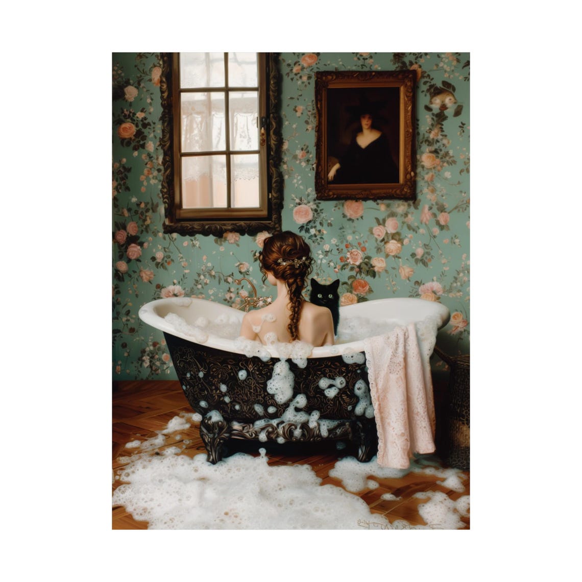 Woman in a Bubble Bath With a Black Cat Vintage Bathroom Poster - Image 2