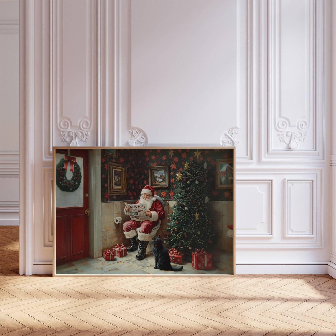 Santa Claus Reading North Pole News on a Toilet With Black Cat Poster - Image 3
