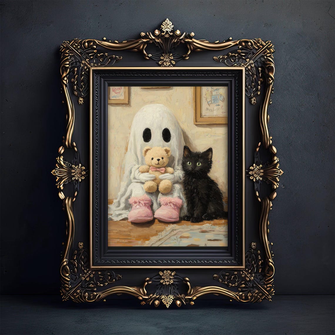 Ghost in Pink Slippers Holding a Teddy Bear Next to a Black Cat Poster - Image 5