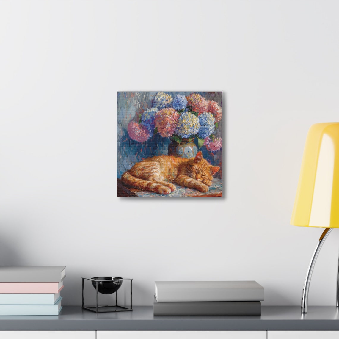 Ginger Cat Sleeping Beneath a Vase of Colorful Hydrangeas Poster - Image 4