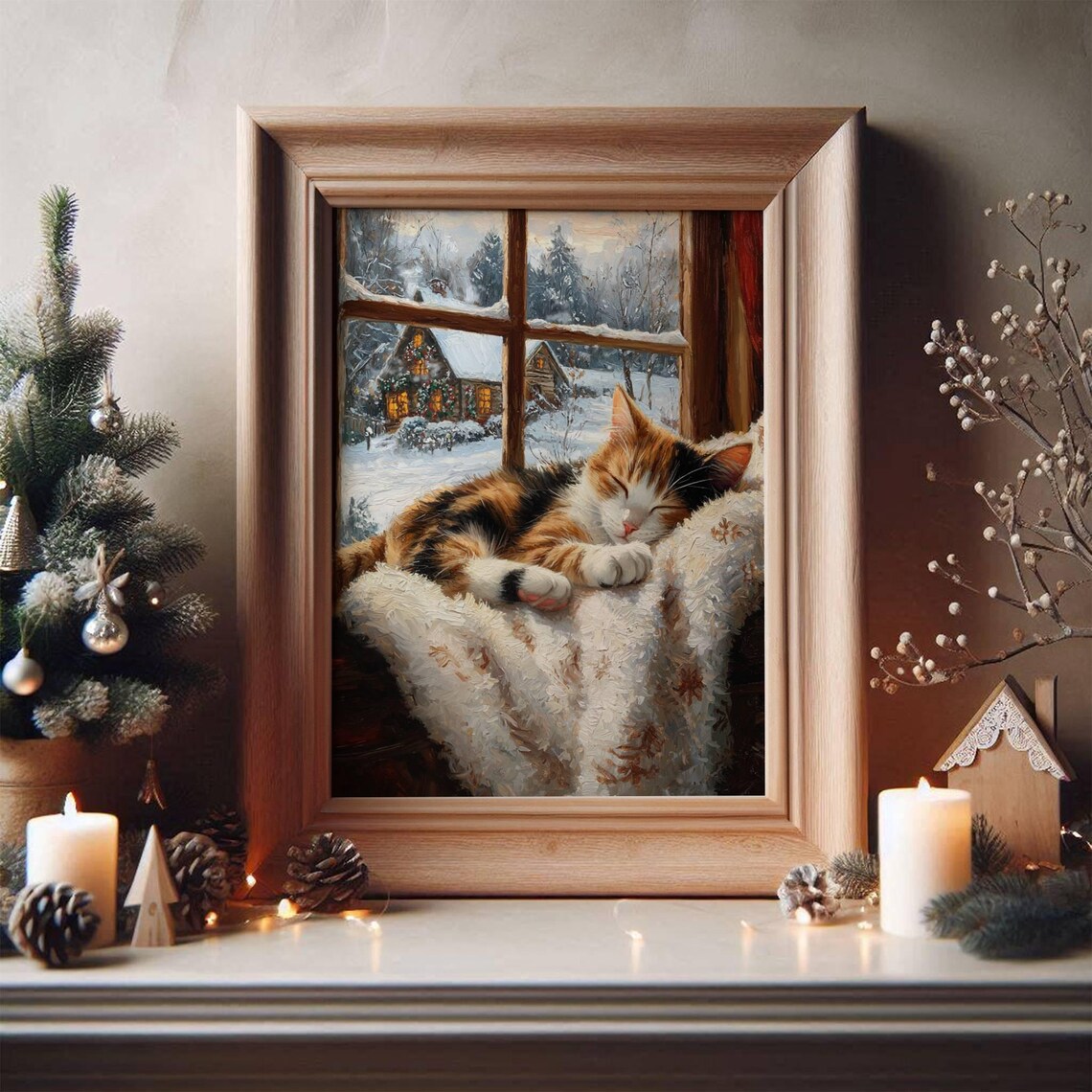 Calico Cat Farmhouse Christmas Poster, Rustic Holiday Print - Image 6