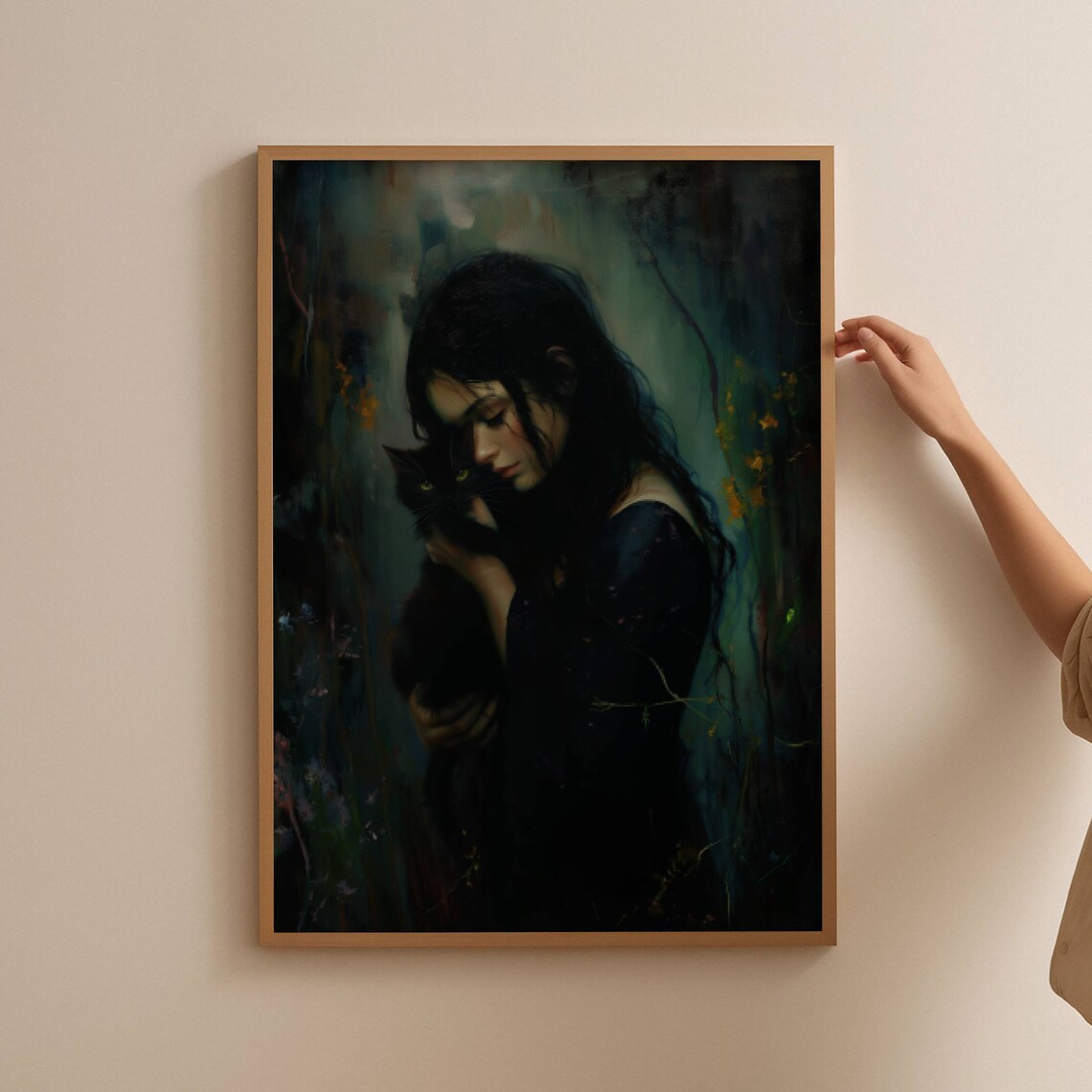 Dark Haired Girl Holding A Black Cat In A Forest Oil Art Poster - Image 3