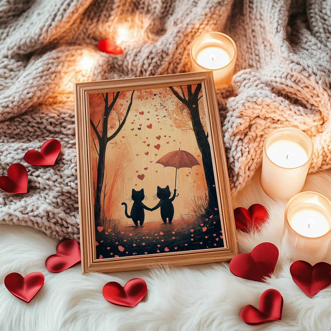 Cats In The Rain Valentine Art Print, Cute Cat Couple - Image 7