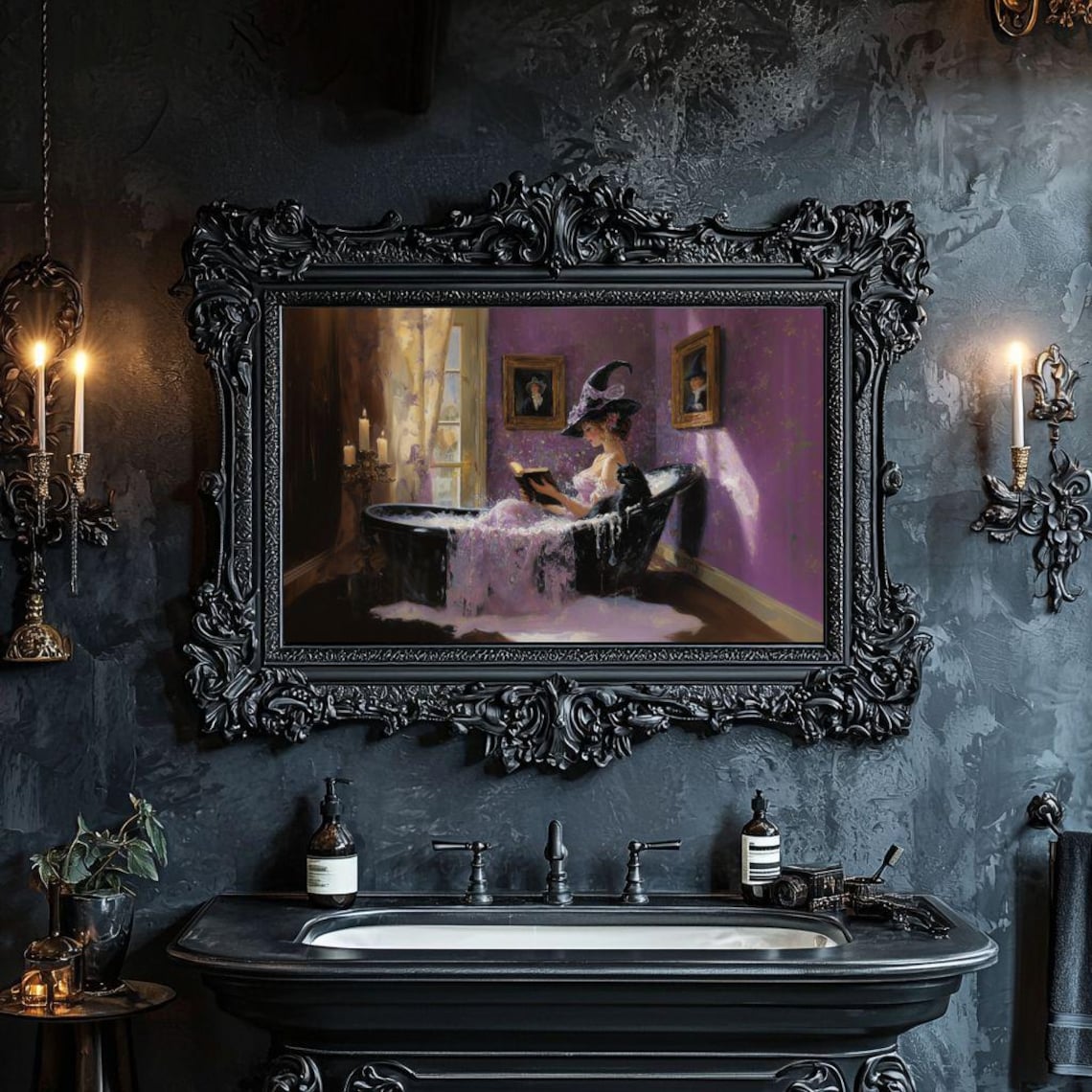 Witch Reading in Bathtub, Witchy Bathroom Art Print - Image 2
