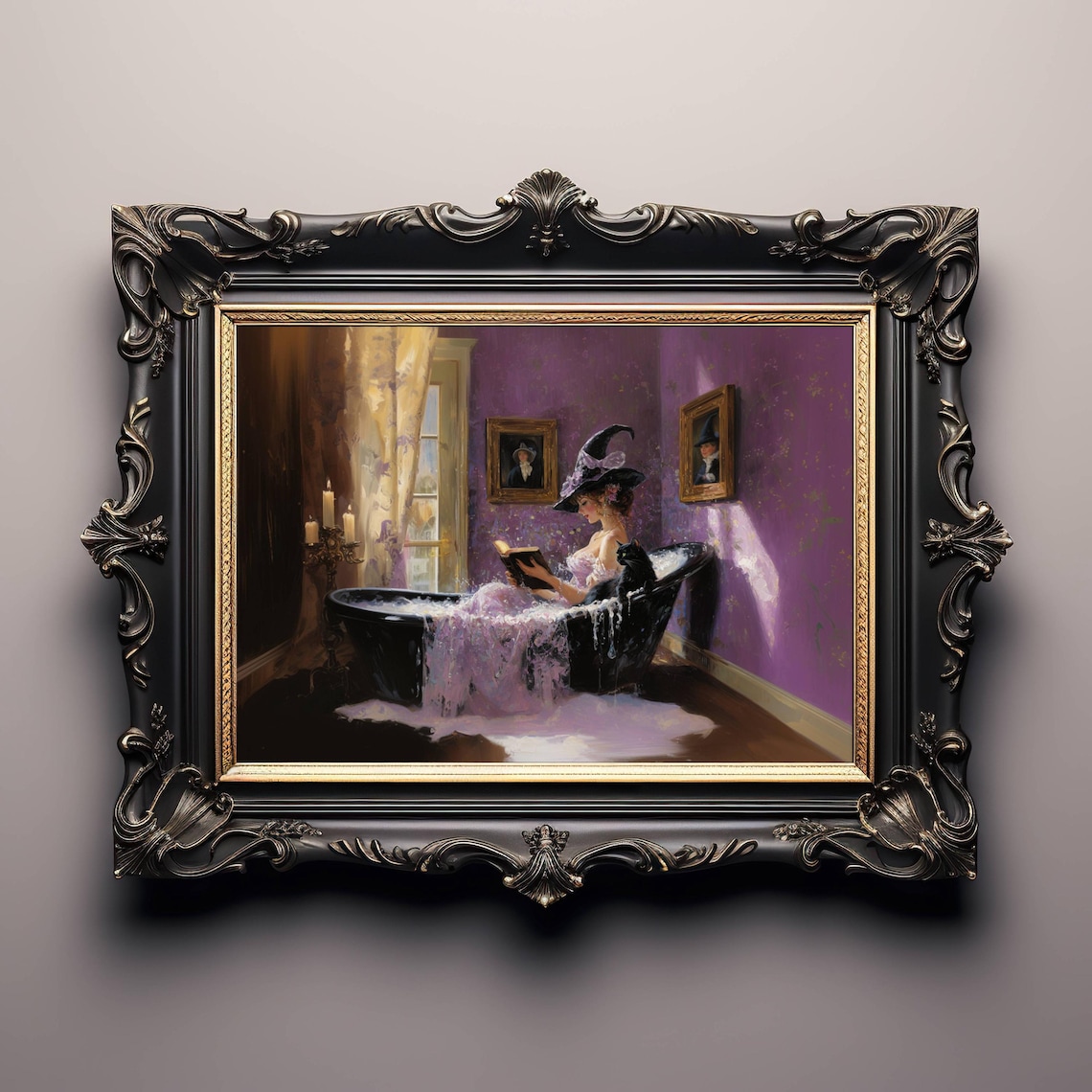 Witch Reading in Bathtub, Witchy Bathroom Art Print