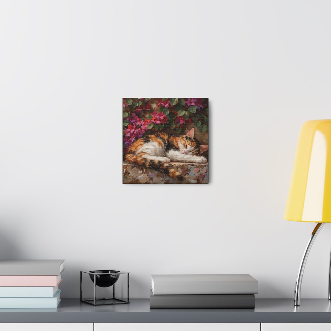 Sleeping Calico Kitten On A Stone Wall Beneath Flowers Oil Poster - Image 7
