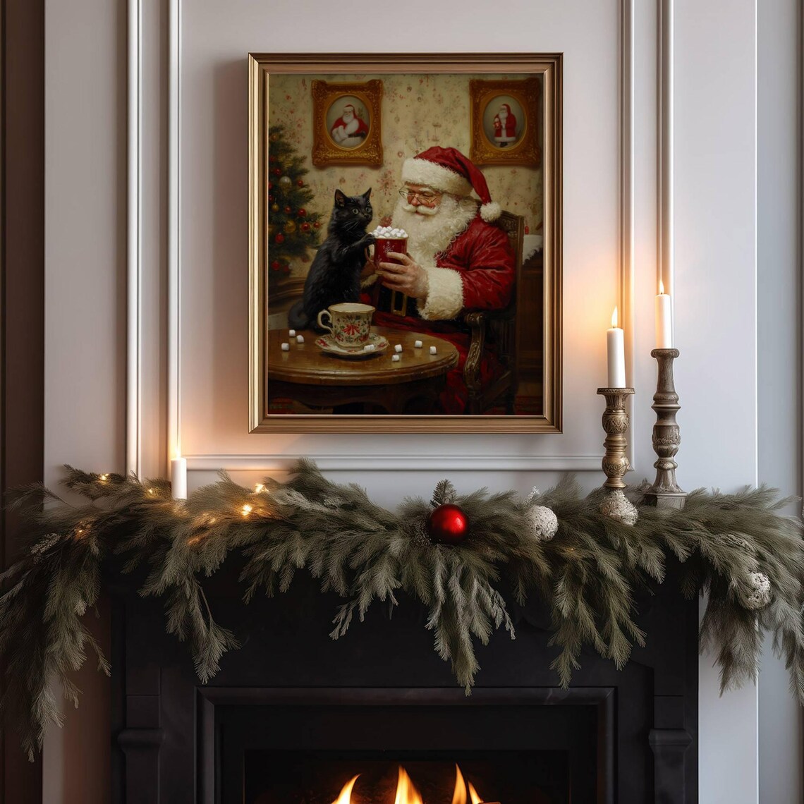 Santa Claus and Black Cat Christmas Art Print - Image 2