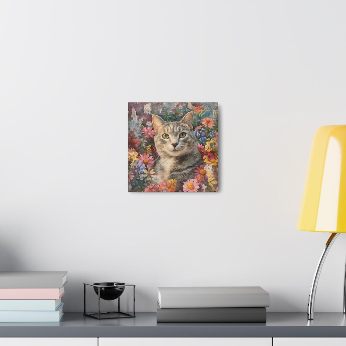 Silver Tabby Cat With Green Eyes Emerging From Colorful Wildflower Blooms Poster - Image 7
