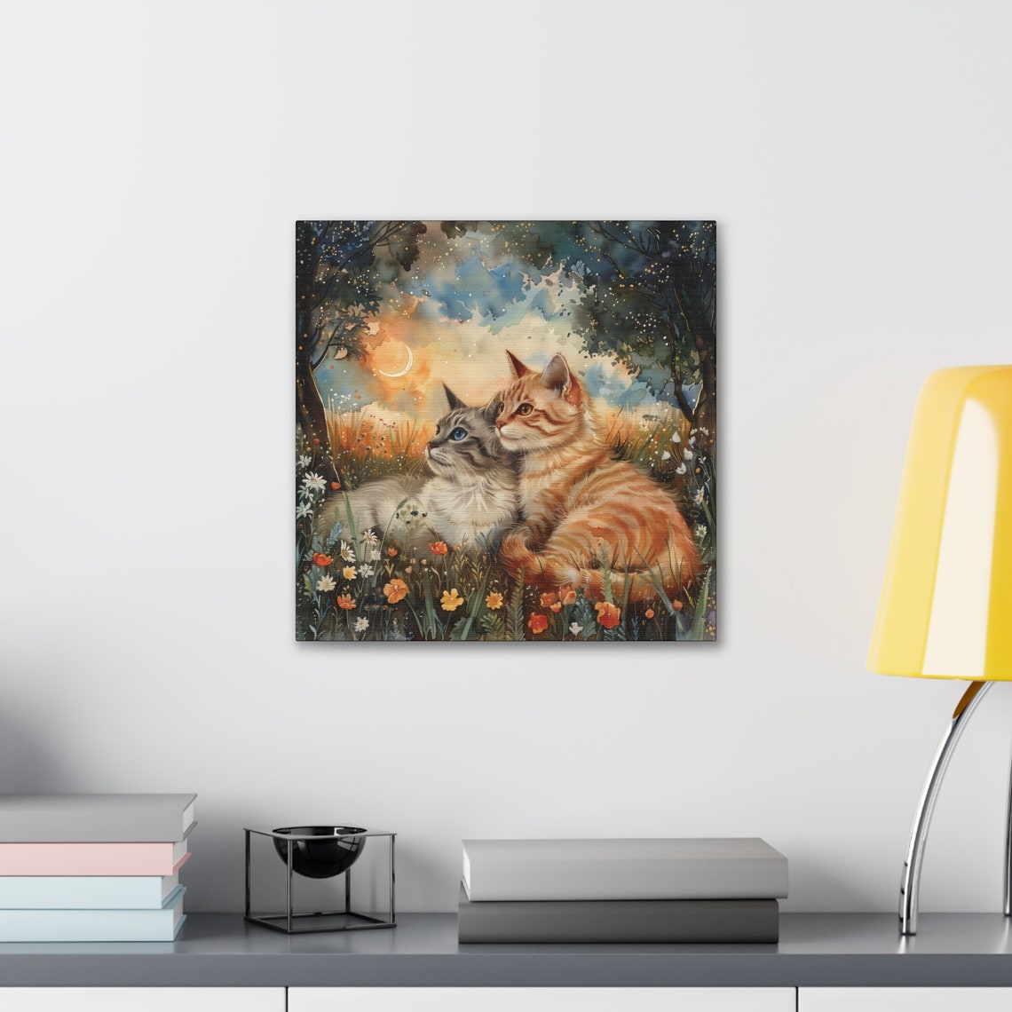 Two Cuddling Cats in a Dreamy Moonlit Wildflower Meadow Poster - Image 4