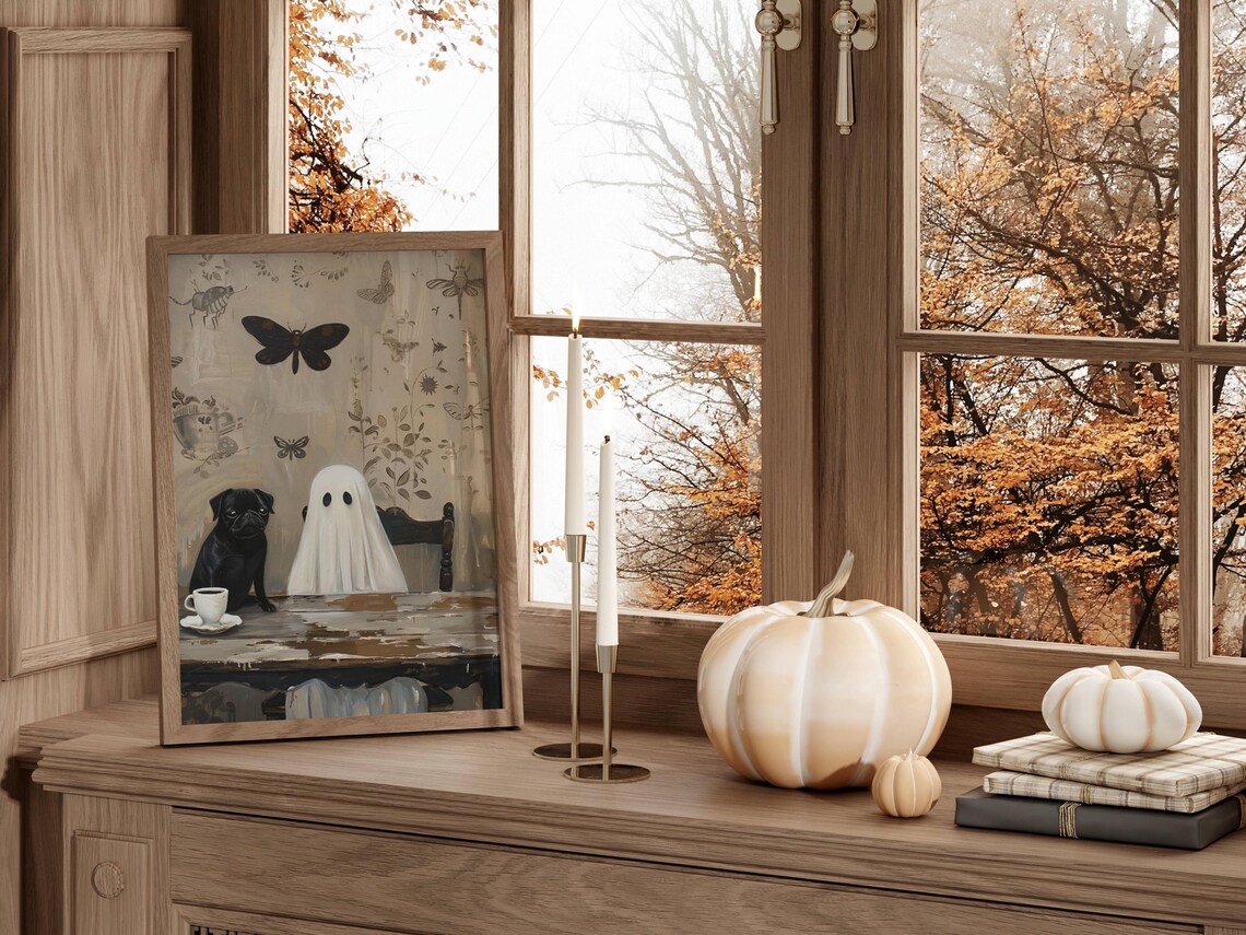 Ghost And Black Pug Coffee Time Wall Art Print - Image 4