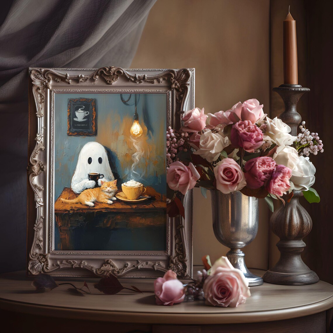 Ghost And Cat Coffee Break, Whimsigoth Kitchen Art Print - Image 5