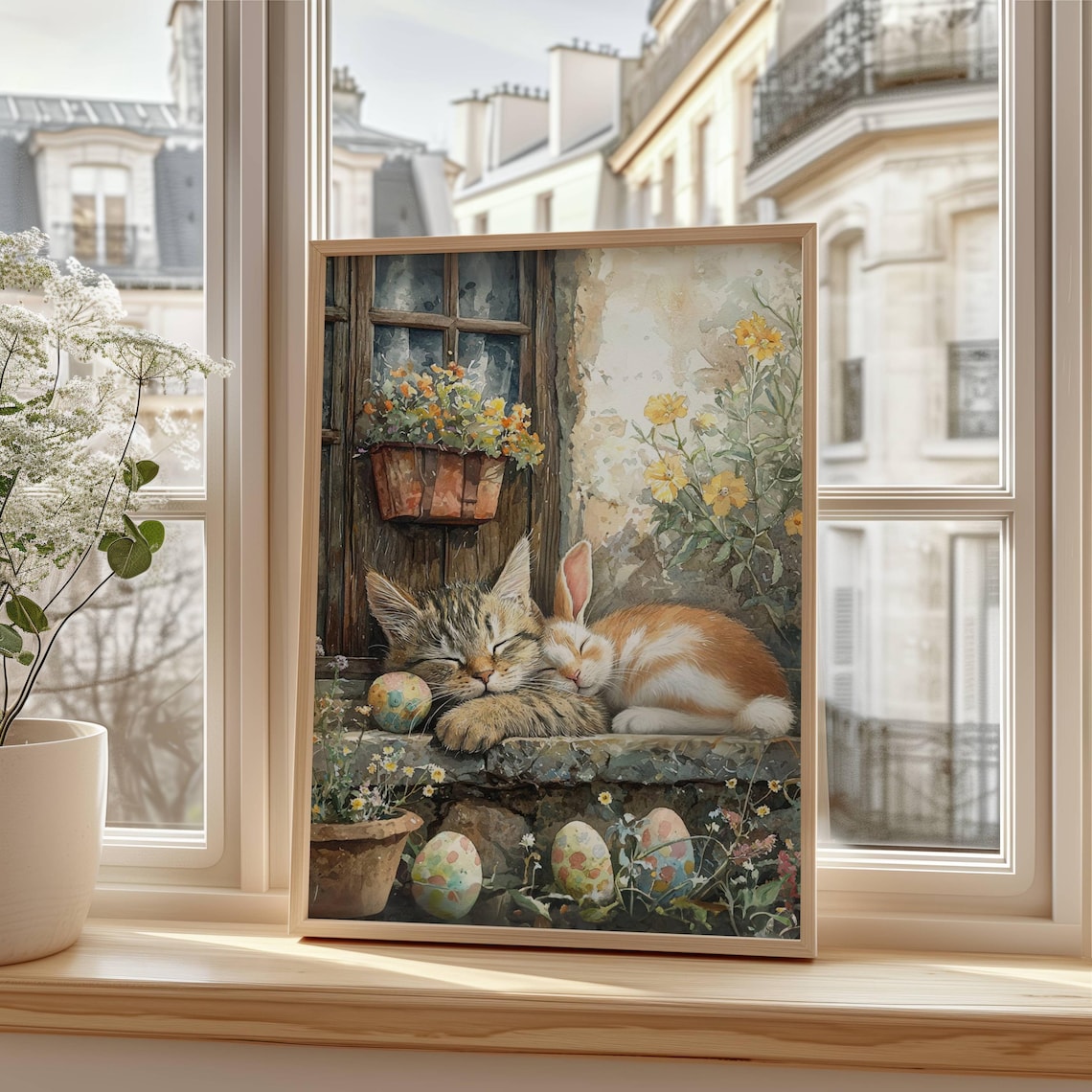 Easter Sleeping Tabby Cat and Bunny Art Print - Image 6