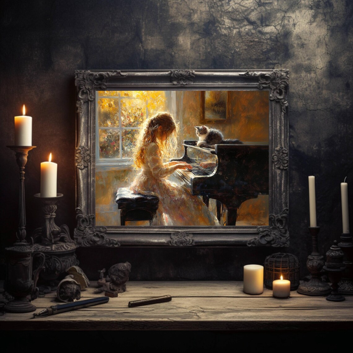Girl Playing Piano With Her Cat, Music Room Art Print - Image 7