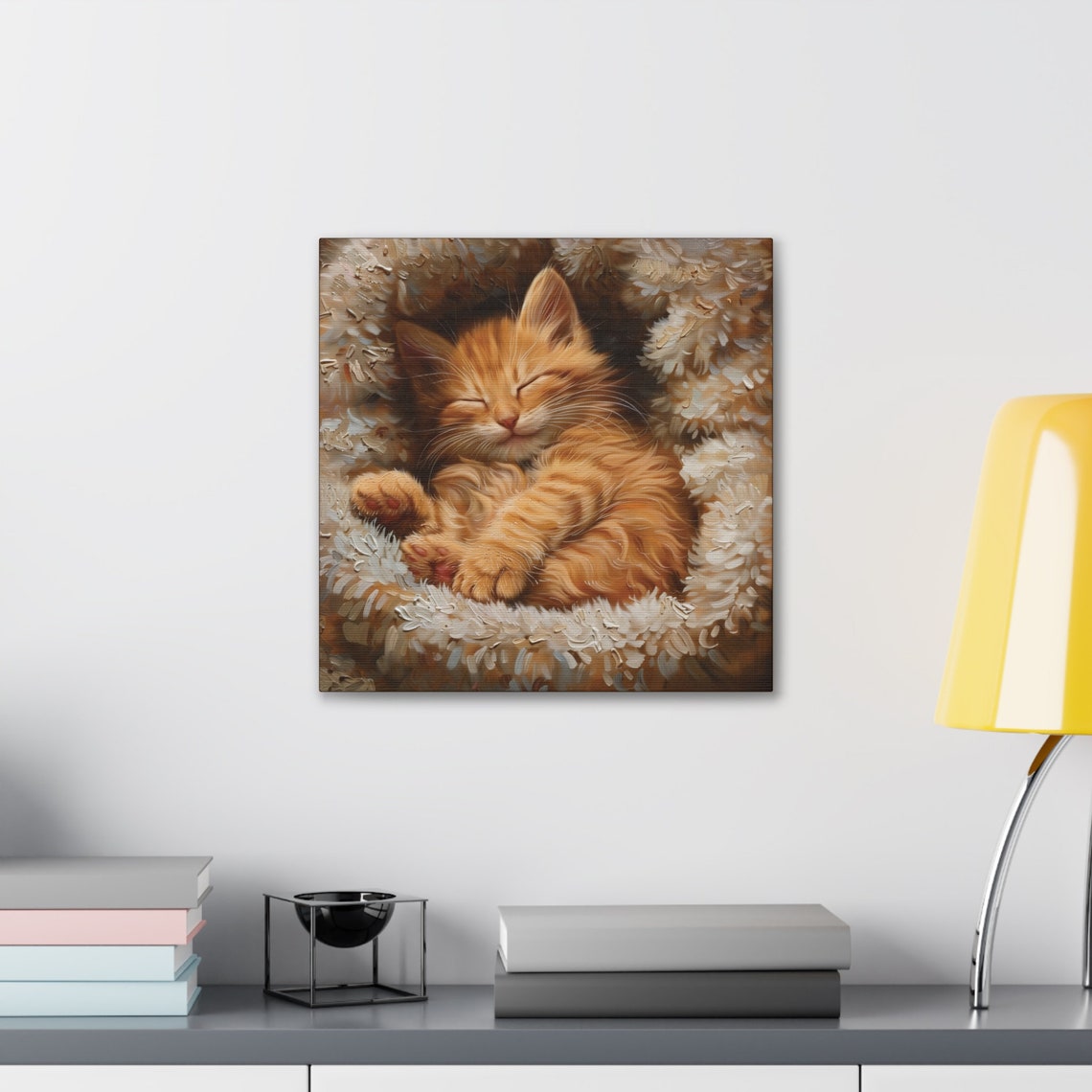 Sleeping Ginger Kitten Curled in Fluffy Blanket Oil Painting Poster - Image 5