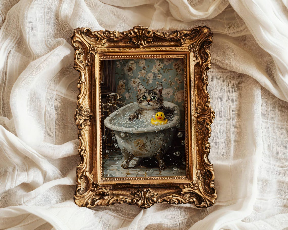 Fluffy Tabby Kitten With a Rubber Duck in a Bubble Bath Poster - Image 4