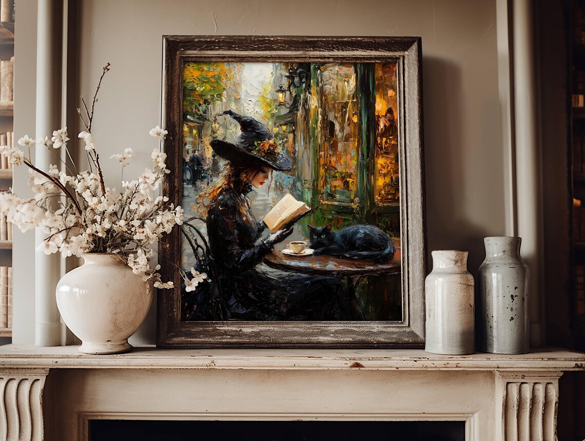 Witch Reading in a Cafe, Whimsigoth Halloween Art Print - Image 4