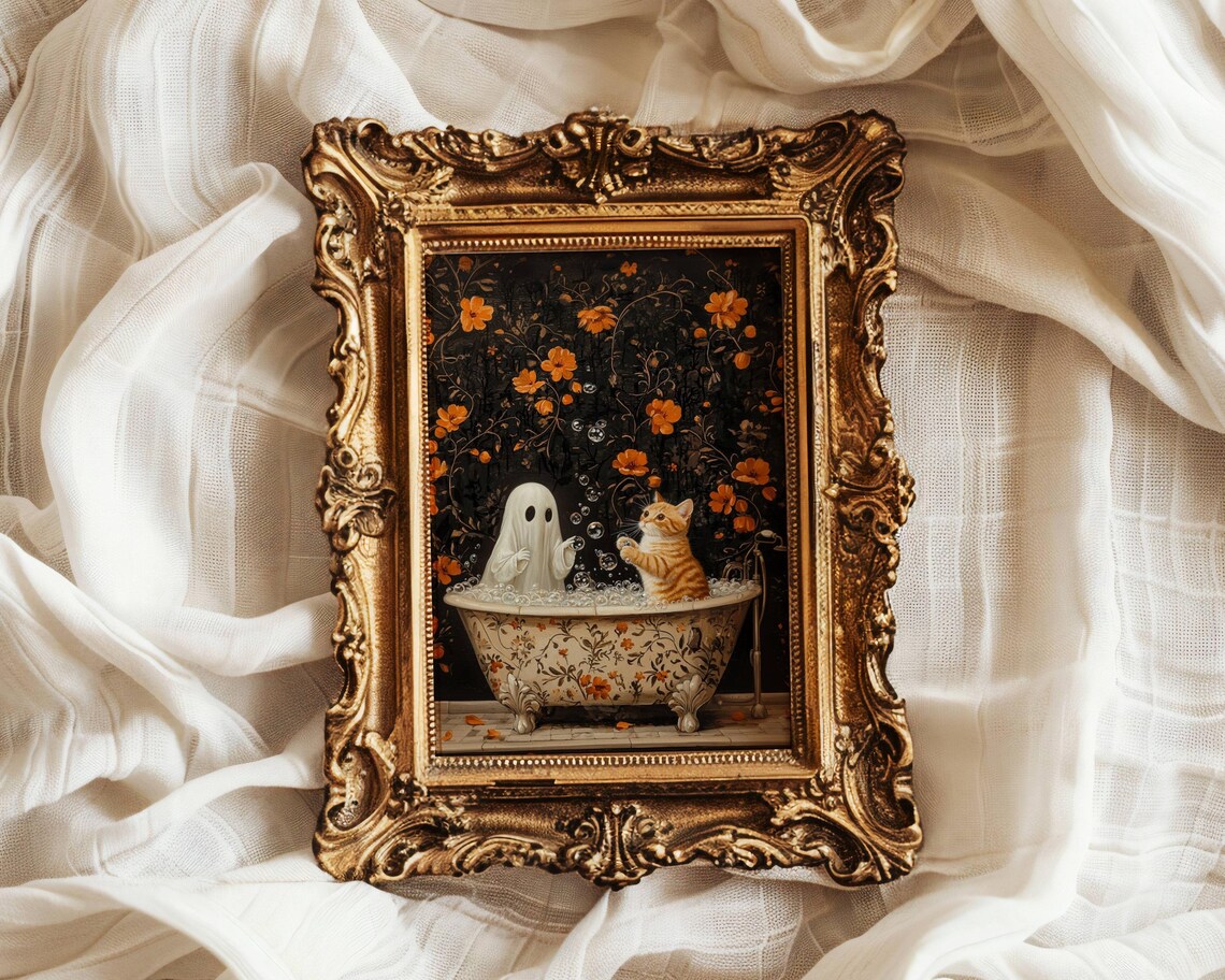Cute Ghost and Orange Kitten Popping Bubbles Together in a Floral Bath Poster - Image 6