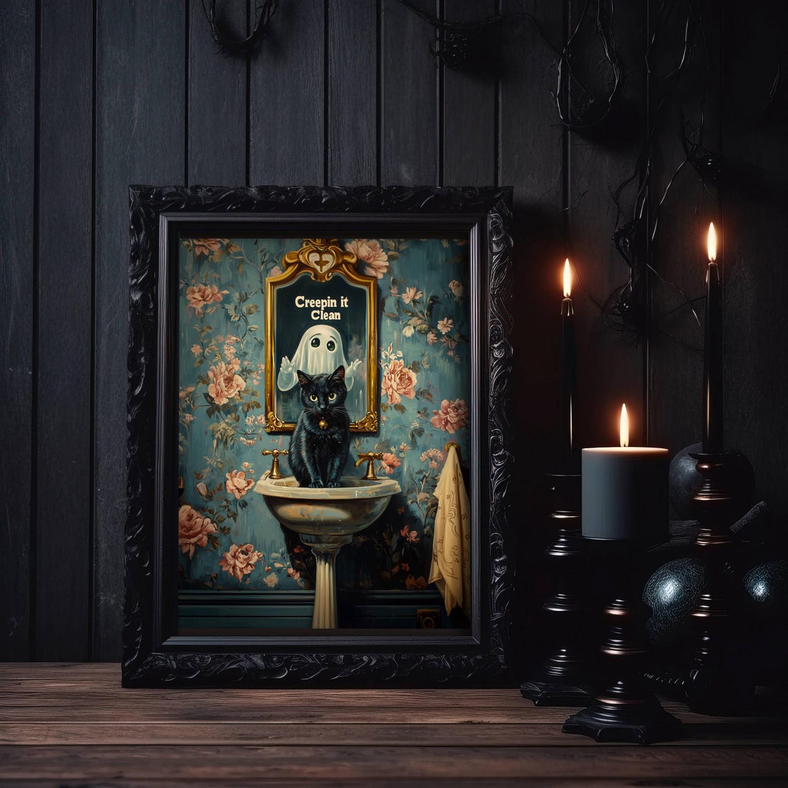 Creepin It Clean Ghost and Black Cat in a Floral Bathroom Poster - Image 6