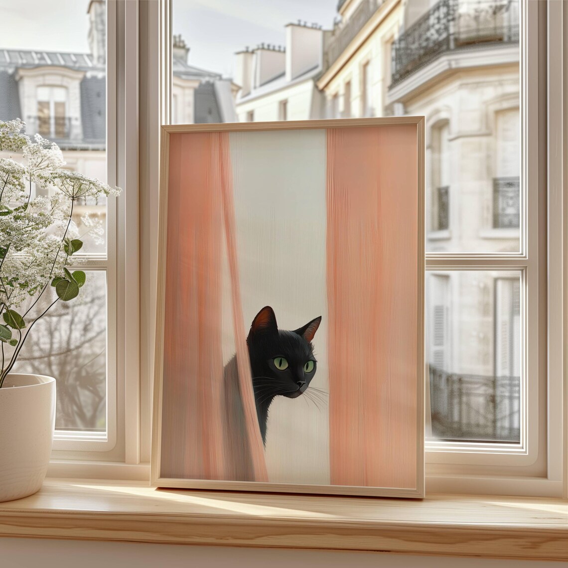 Black Cat Peeking Through Curtains, Minimalist Poster - Image 4