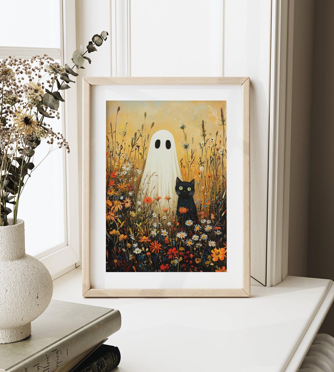 Black Cat and Ghost in a Golden Autumn Wildflower Meadow Poster - Image 6