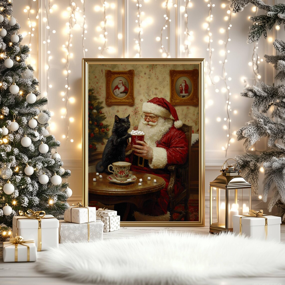 Santa Claus and Black Cat Christmas Art Print - Image 3