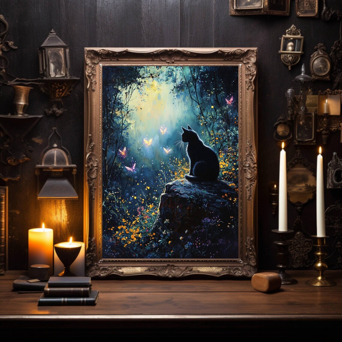 Mysterious Black Cat on a Mossy Rock in a Moonlit Enchanted Blue Forest Poster - Image 4