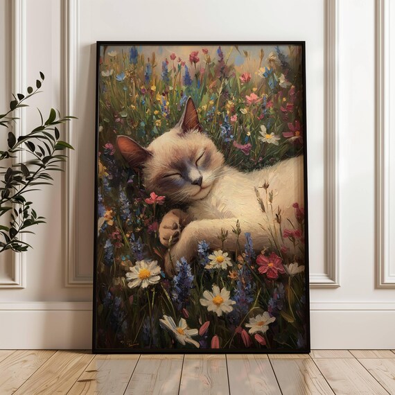 Sleepy Blue Point Siamese Kitten Napping Among Daisies Wall Art