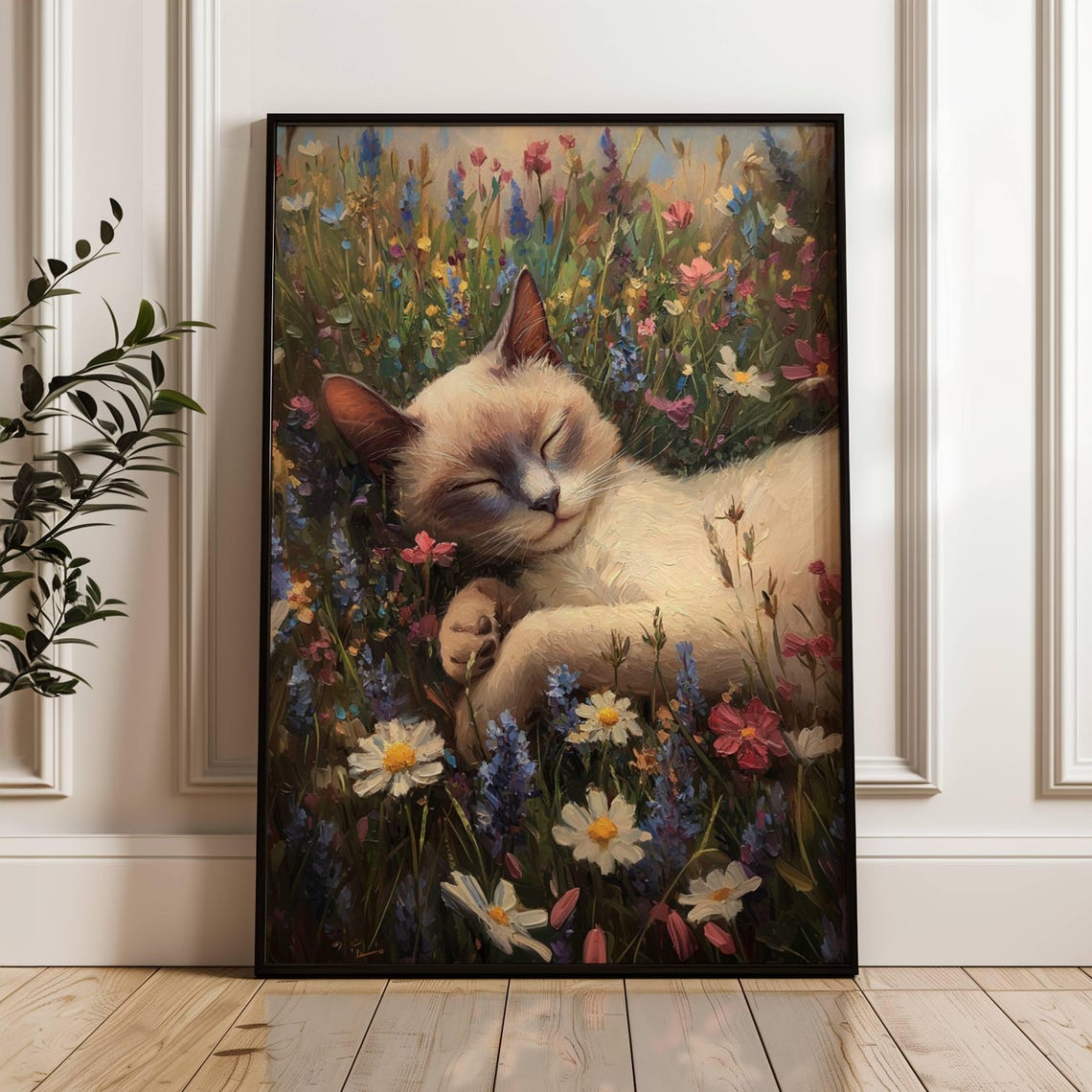 Sleepy Blue Point Siamese Kitten Napping Among Daisies Wall Art