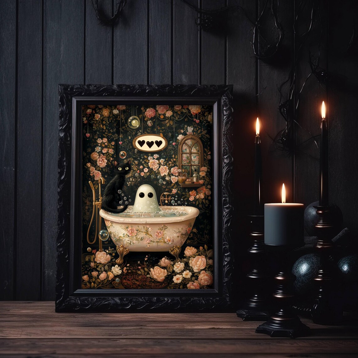 Cute Ghost and Black Cat Soaking in a Rose-Patterned Bubble Bath Poster - Image 2