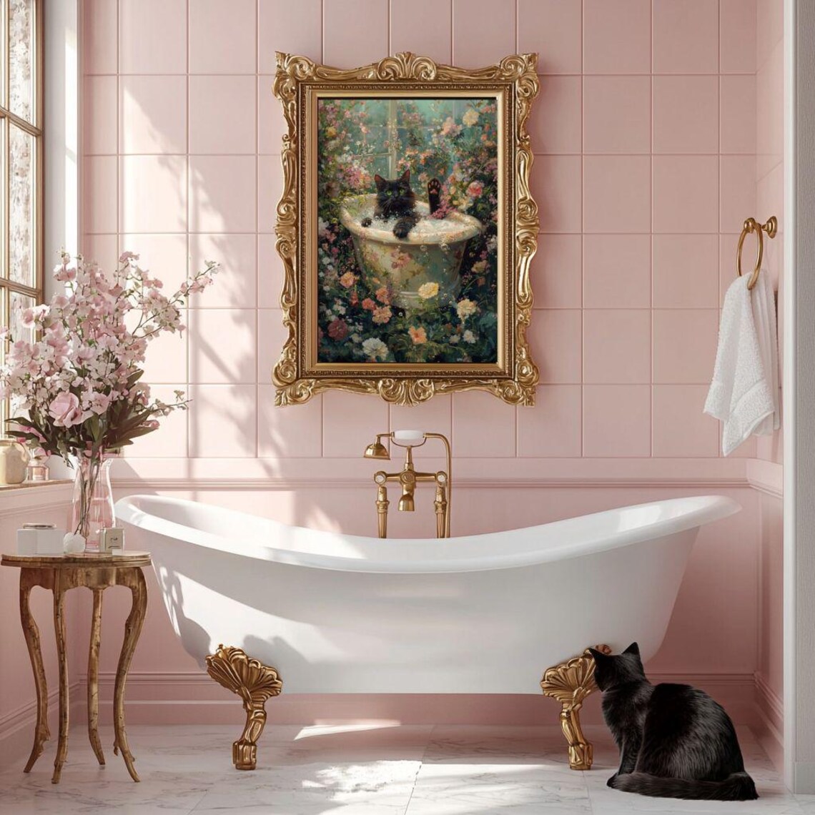 Black Cat In Garden Bubble Bath, Floral Cat Art Print - Image 7