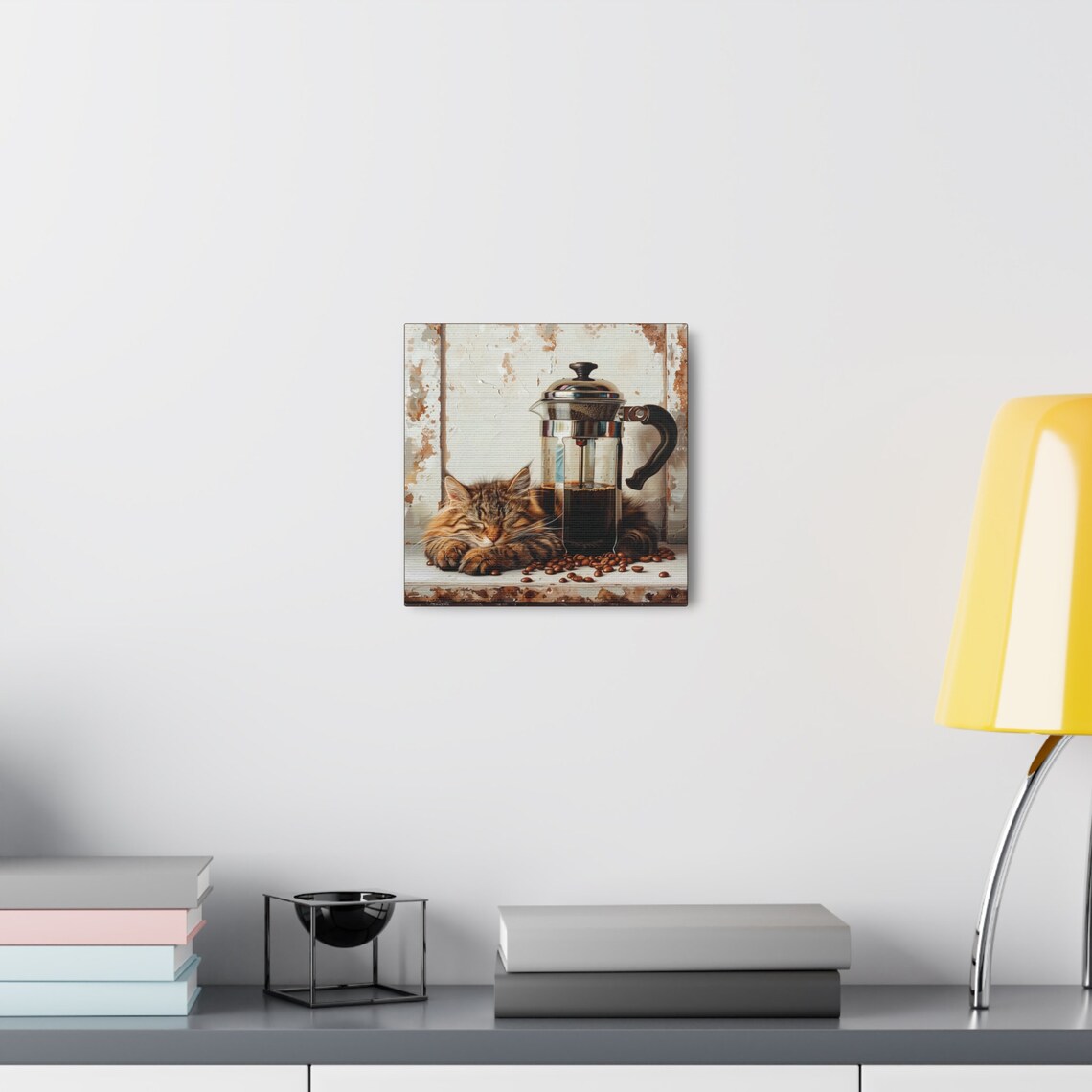 Fluffy Tabby Cat Napping by French Press Coffee Painting Poster - Image 7