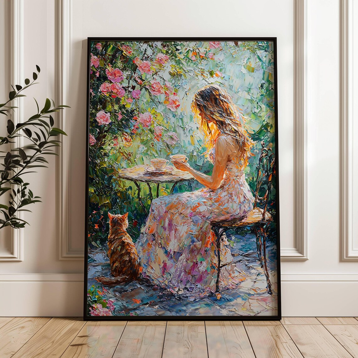 Woman And Cat Garden Tea Party Poster, Spring Floral