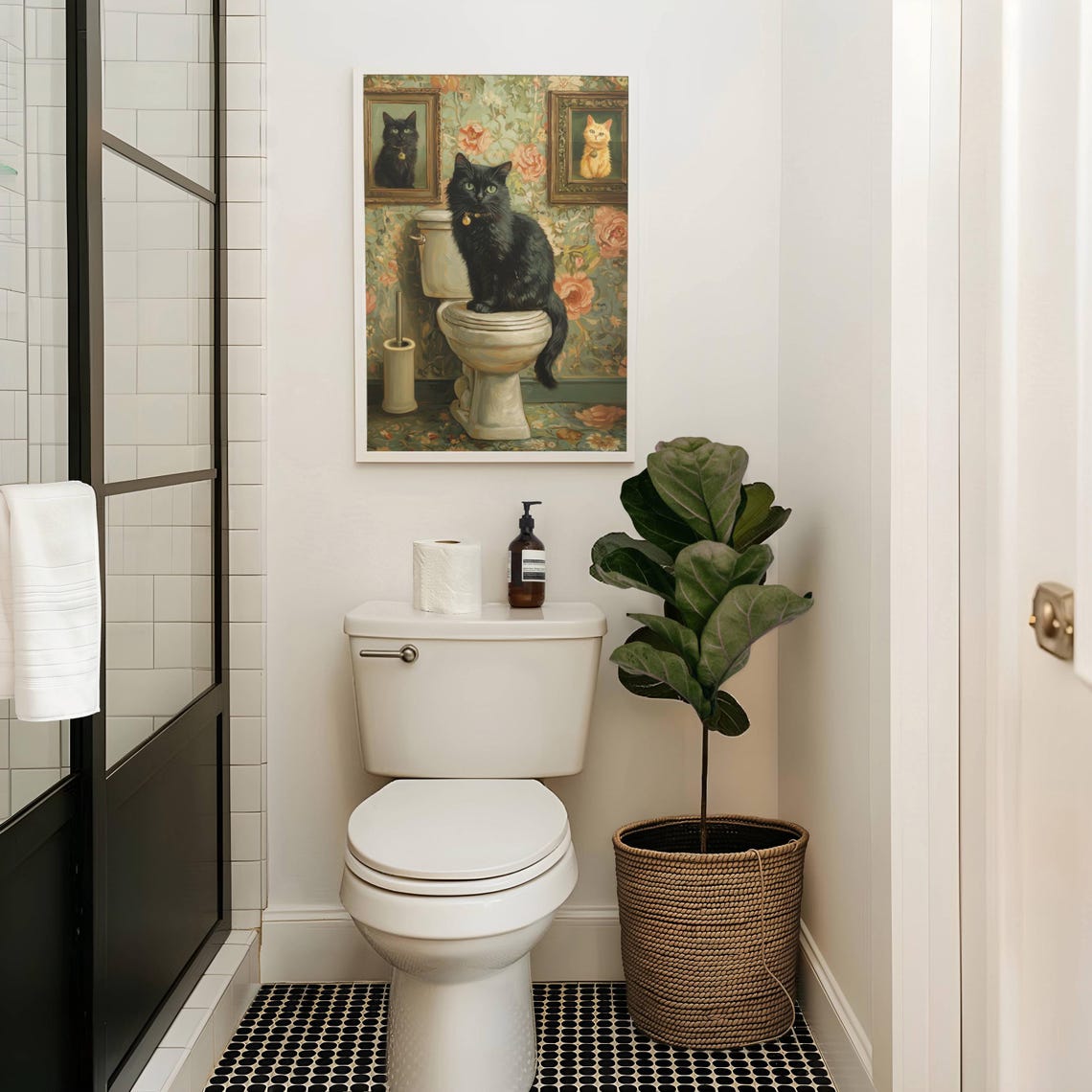 Black Cat Sitting on a Toilet in a Vintage Floral Bathroom Poster - Image 4