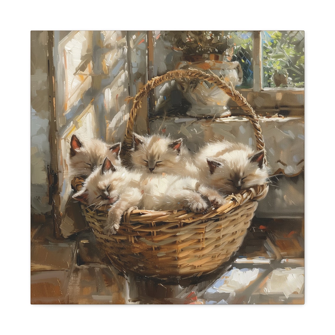 Four Sleeping Siamese Kittens in Wicker Basket Sunlit Window Poster - Image 2