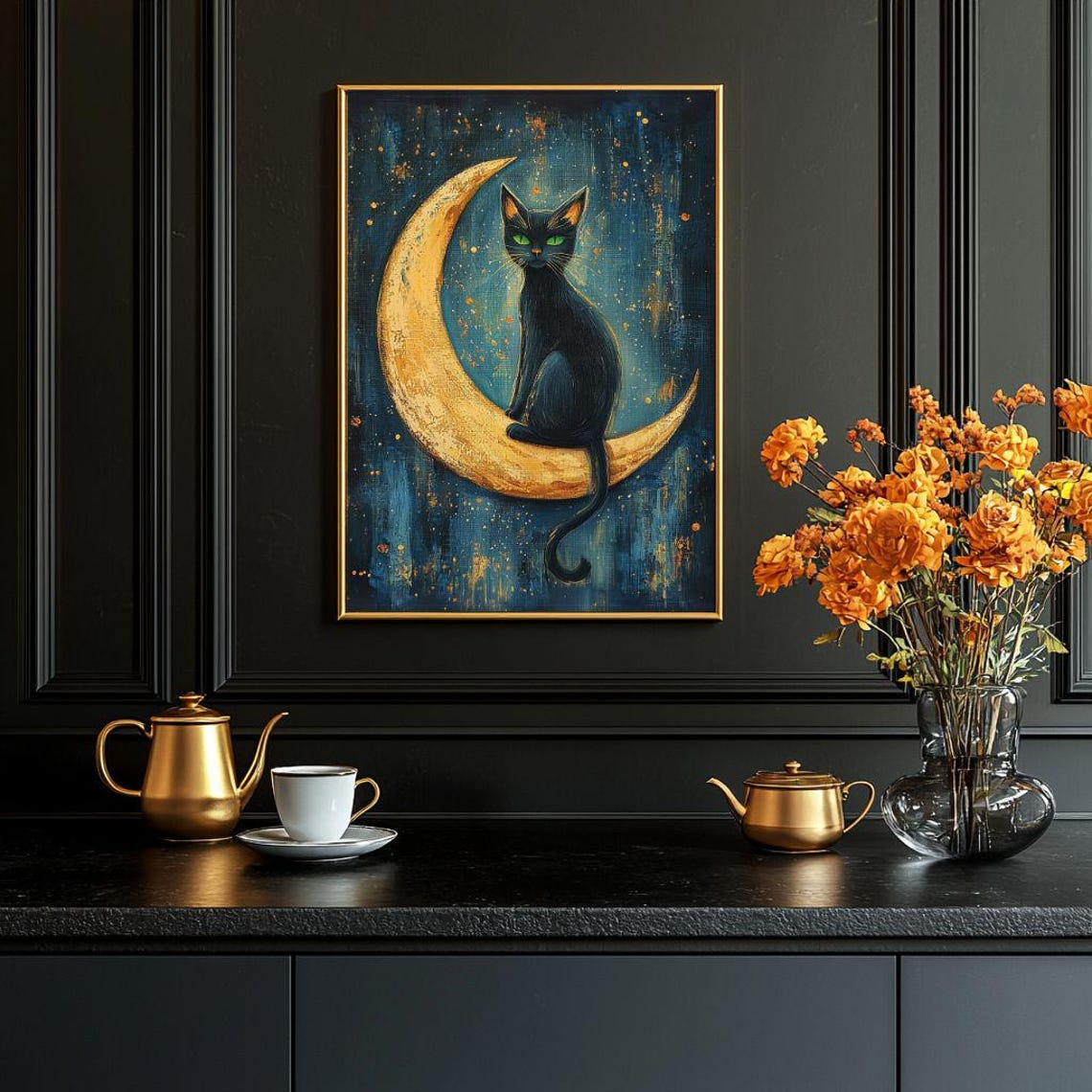 Black Cat Sitting on a Golden Crescent Moon Starry Night Poster - Image 7
