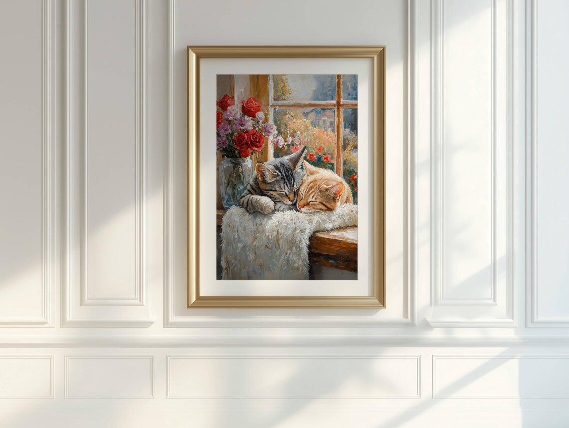 Tabby Cats In Window Floral Cat Art Print - Image 2