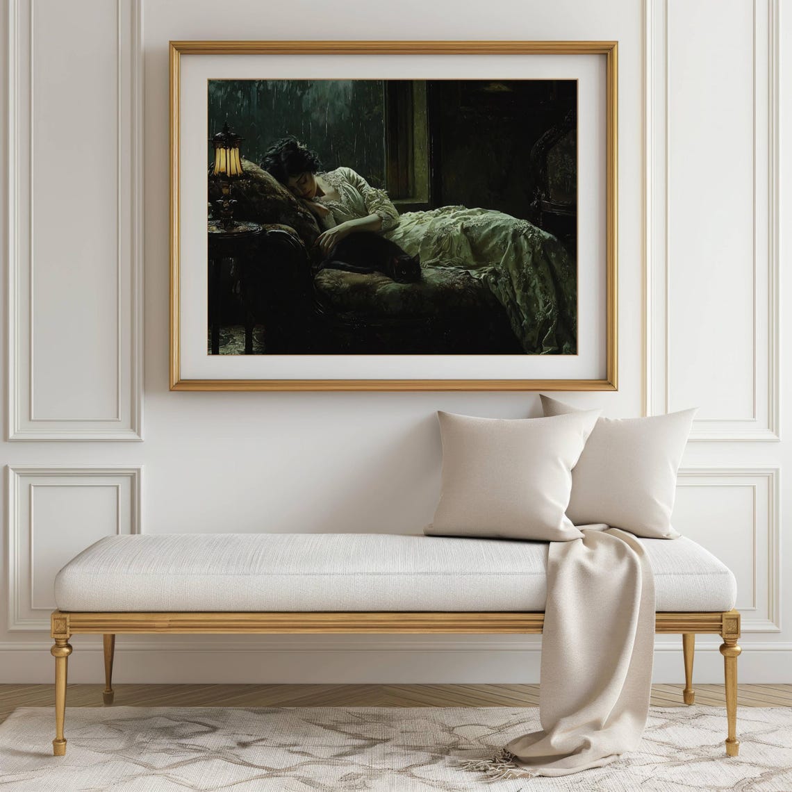Victorian Woman Sleeping Poster Black Cat Art Moody Rainy Day Decor Dark Atmosphere Wall Art Gothic Print Unframed - Image 6