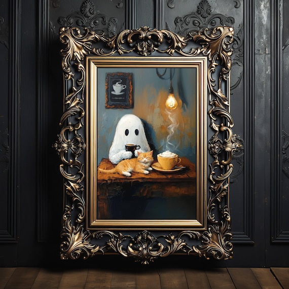 Ghost And Cat Coffee Break, Whimsigoth Kitchen Art Print