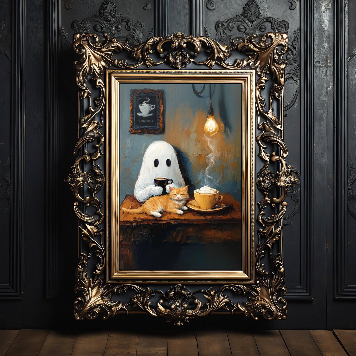 Ghost And Cat Coffee Break, Whimsigoth Kitchen Art Print