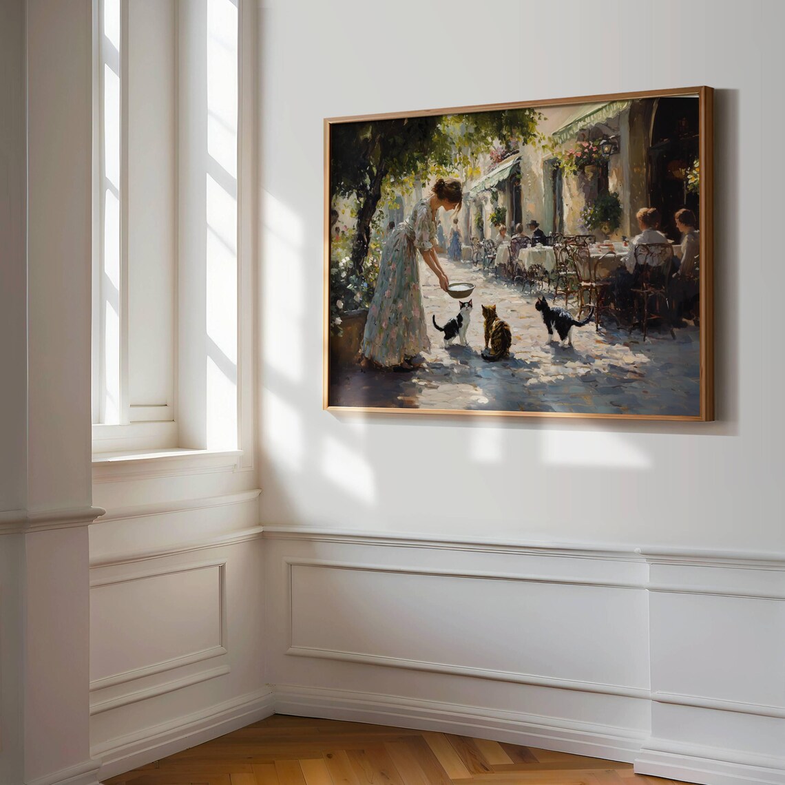 Woman Feeding Cats at Outdoor Cafe, Impressionist Art Print - Image 5