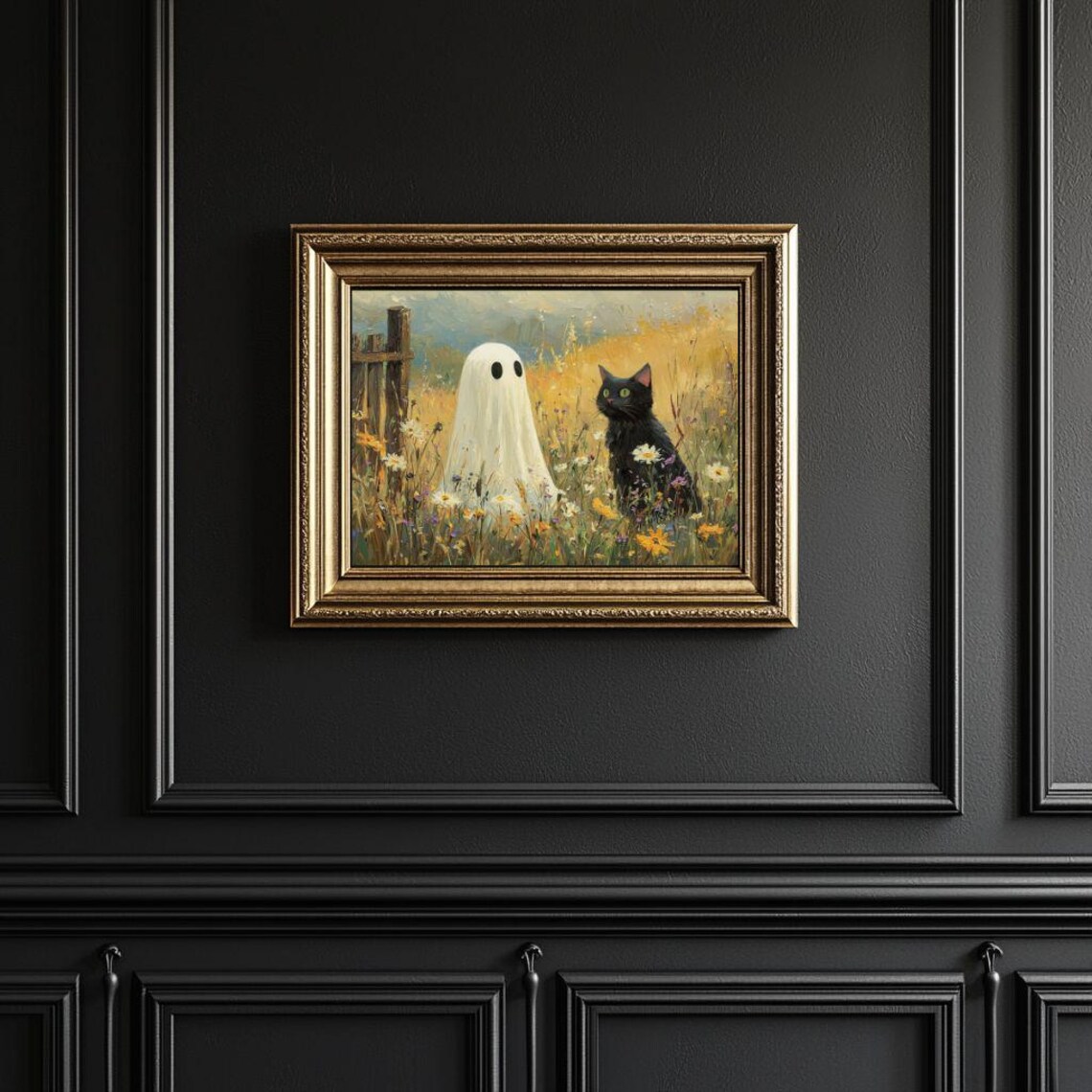 Ghost and Black Cat in Wildflowers Halloween Art Print - Image 4